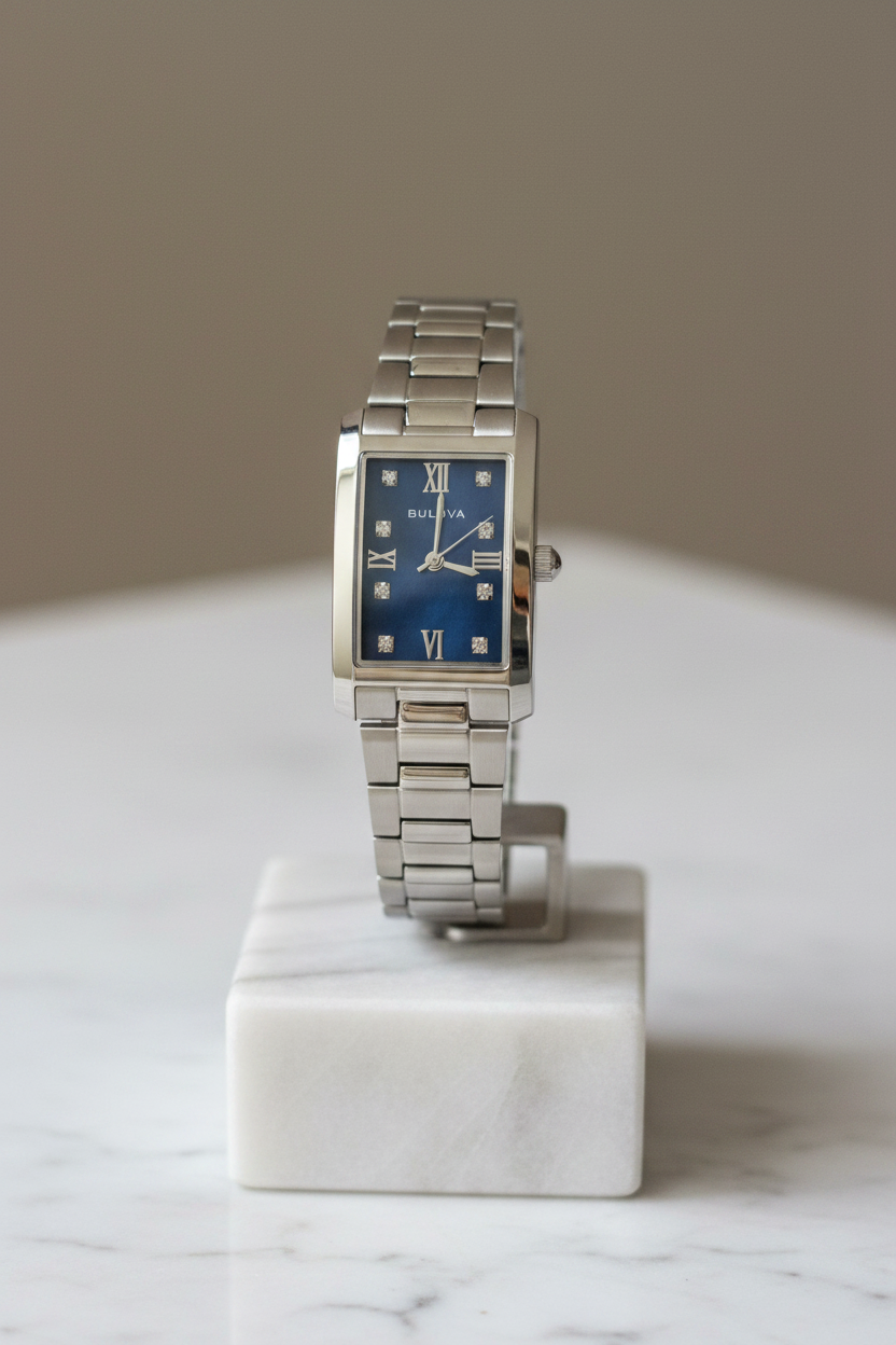 Bulova Classic Blue Abalone Diamond Ladies Tank Watch 96P262 Stainless Quartz - main product photo at Keystone Discounts