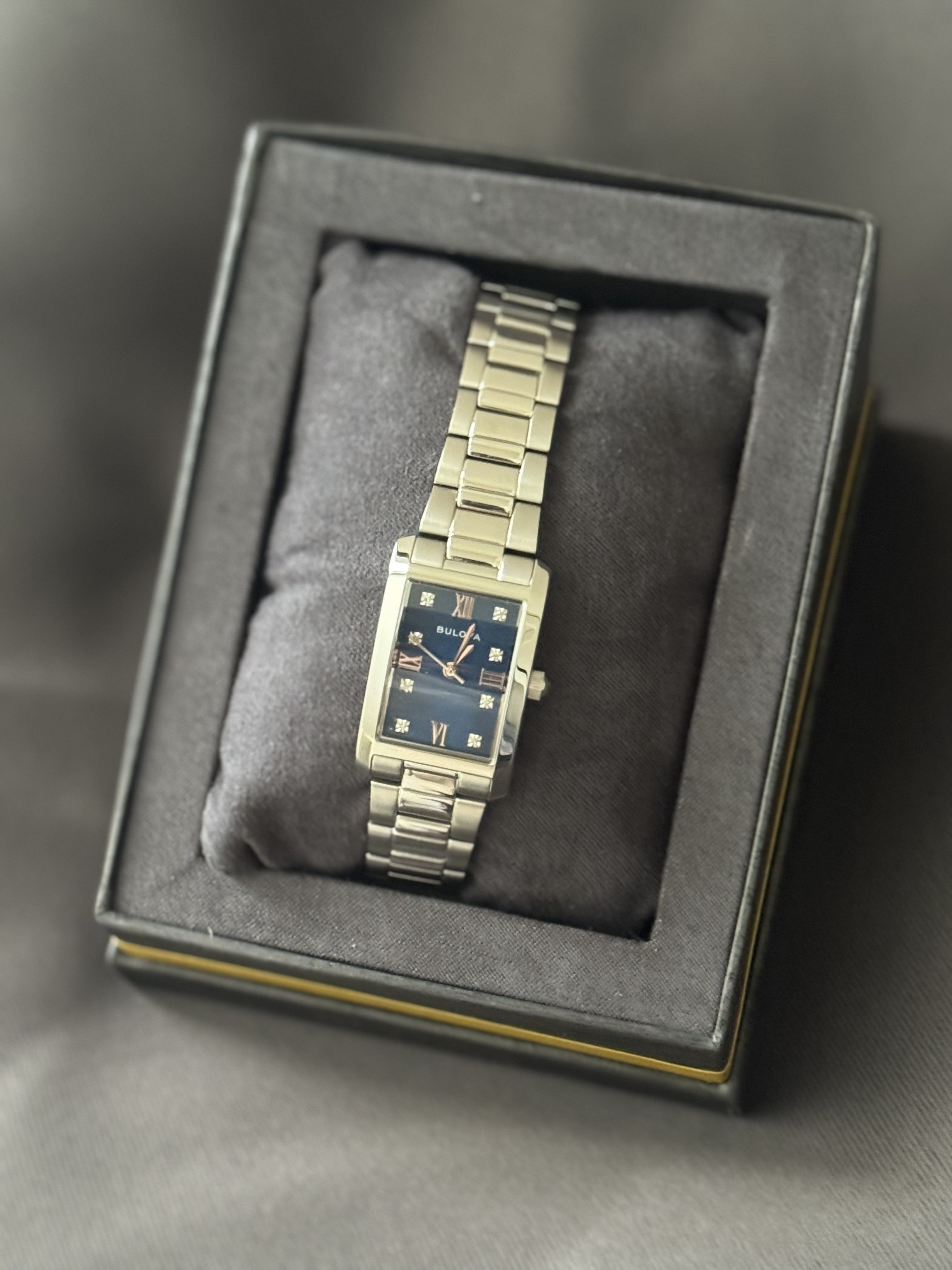 Bulova Classic Blue Abalone Diamond Ladies Tank Watch 96P262 Stainless Quartz - product photo 6 at Keystone Discounts