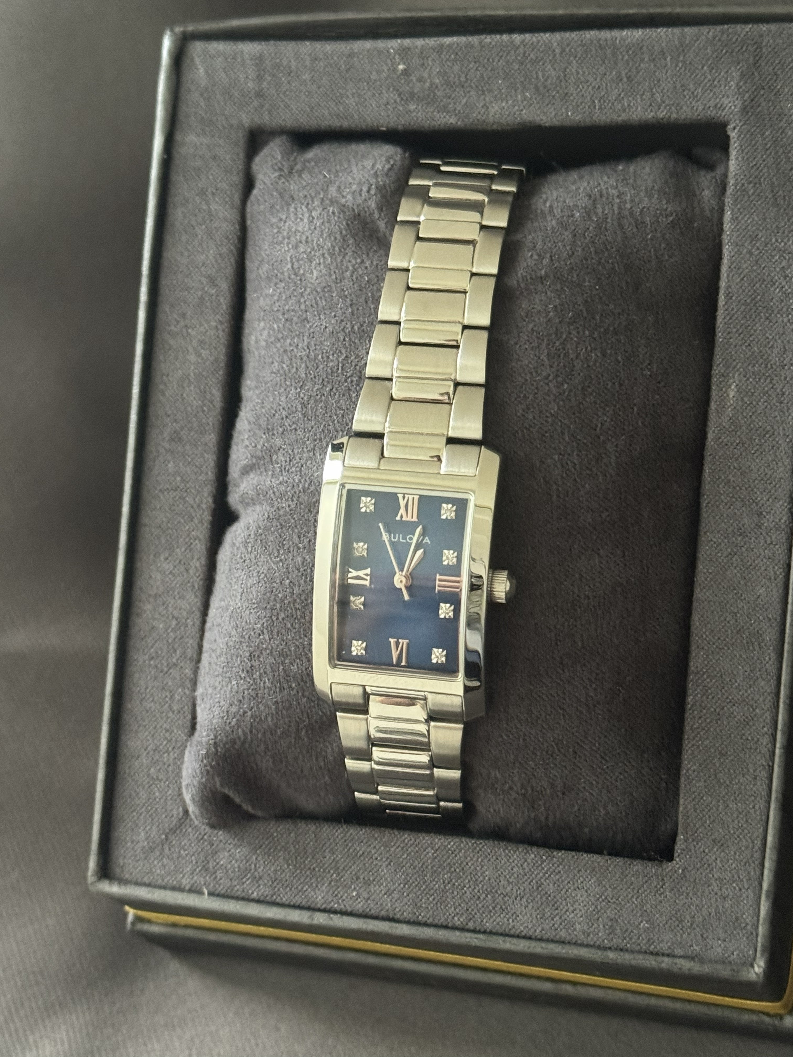 Bulova Classic Blue Abalone Diamond Ladies Tank Watch 96P262 Stainless Quartz - product photo 4 at Keystone Discounts