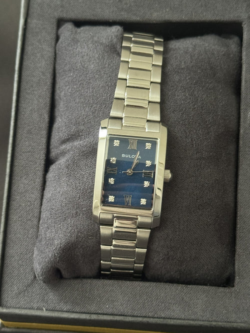 Bulova Classic Blue Abalone Diamond Ladies Tank Watch 96P262 Stainless Quartz - product photo 2 at Keystone Discounts